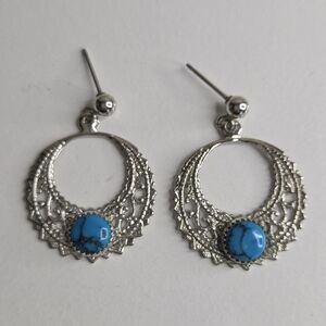 Silver Tone and Blue Filigree Dangle Earrings